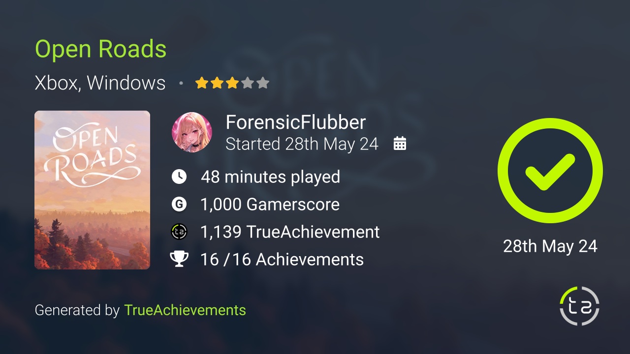 Open Roads achievement summary